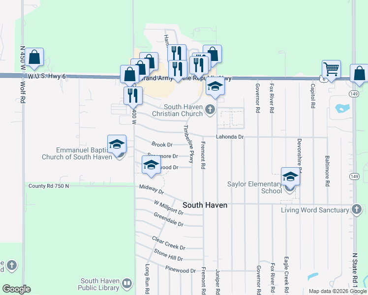 map of restaurants, bars, coffee shops, grocery stores, and more near 374 Brook Drive in Valparaiso