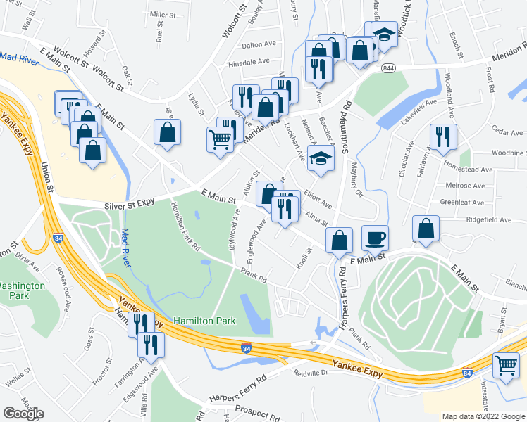map of restaurants, bars, coffee shops, grocery stores, and more near 1718 East Main Street in Waterbury