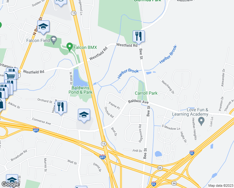 map of restaurants, bars, coffee shops, grocery stores, and more near 134 Orchid Road in Meriden