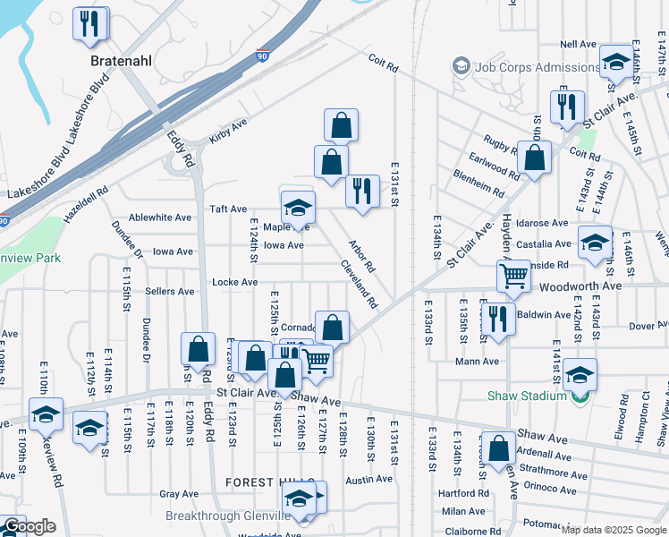 map of restaurants, bars, coffee shops, grocery stores, and more near 12808 Gruss Avenue in Cleveland