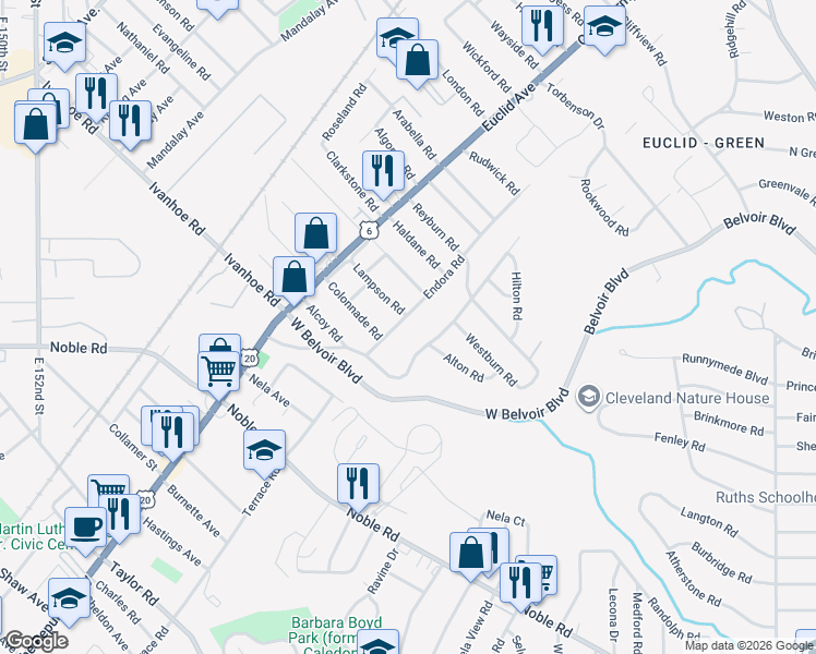 map of restaurants, bars, coffee shops, grocery stores, and more near 16612 Endora Road in Cleveland