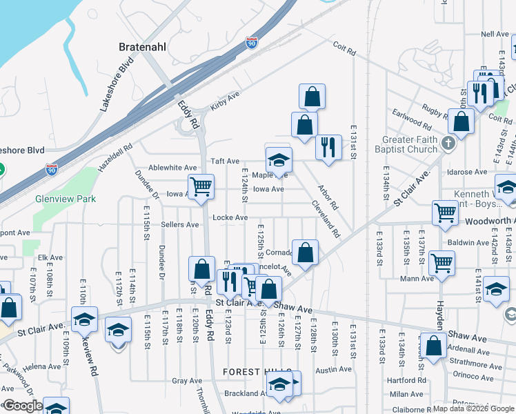 map of restaurants, bars, coffee shops, grocery stores, and more near 431 East 124th Street in Cleveland