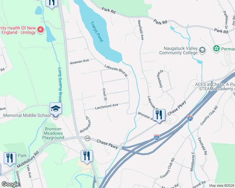 map of restaurants, bars, coffee shops, grocery stores, and more near 41 Highwood Road in Waterbury