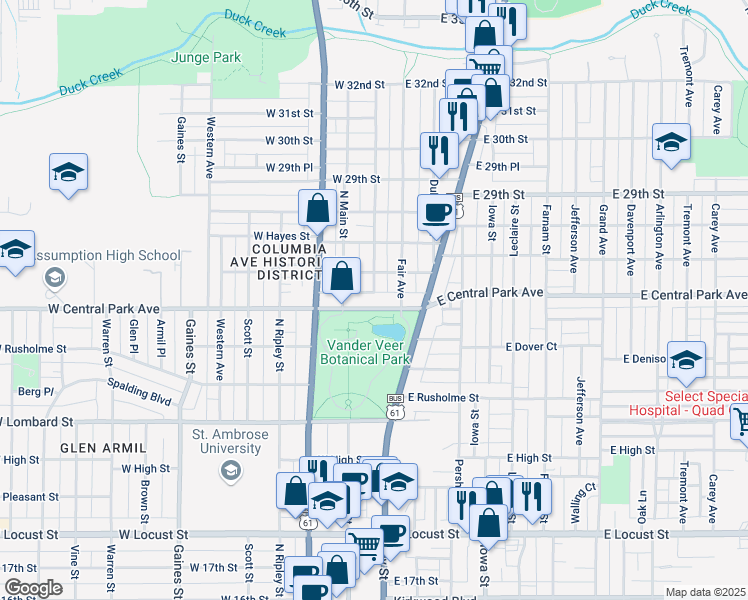 map of restaurants, bars, coffee shops, grocery stores, and more near 126 West Central Park Avenue in Davenport
