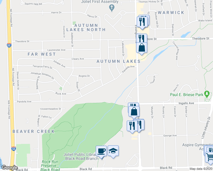 map of restaurants, bars, coffee shops, grocery stores, and more near 3350 Pandola Avenue in Joliet