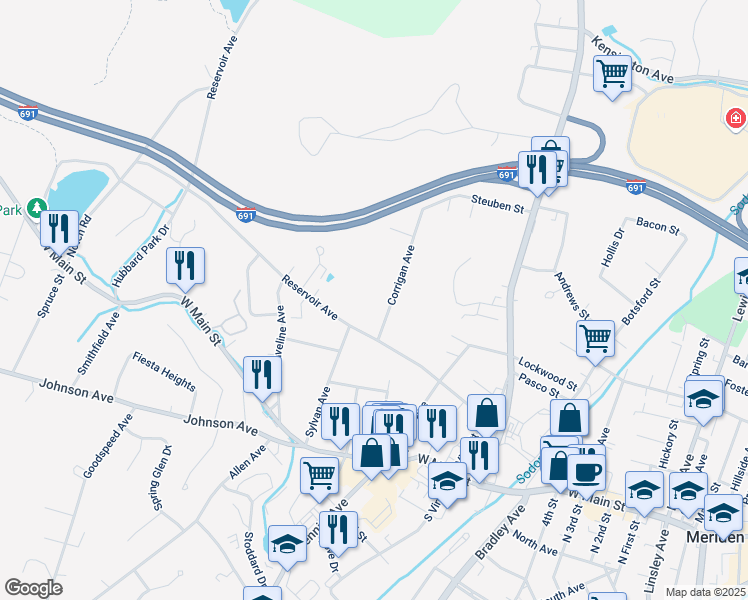 map of restaurants, bars, coffee shops, grocery stores, and more near 48 Corrigan Avenue in Meriden