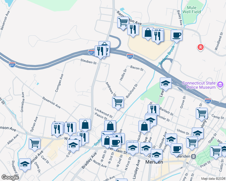 map of restaurants, bars, coffee shops, grocery stores, and more near 125 Andrews Street in Meriden