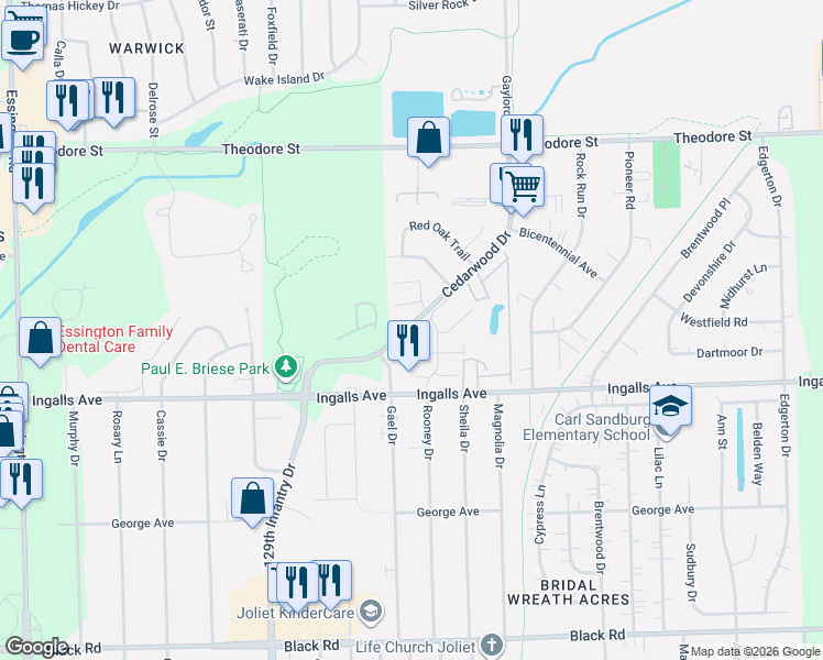 map of restaurants, bars, coffee shops, grocery stores, and more near 1221 Cedarwood Drive in Crest Hill