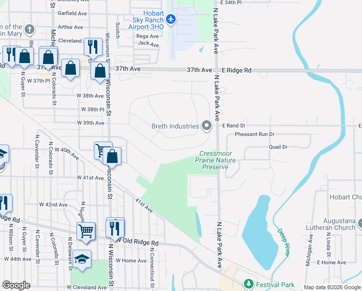 map of restaurants, bars, coffee shops, grocery stores, and more near 600 North Ash Street in Hobart