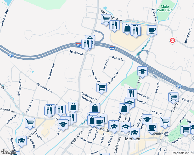 map of restaurants, bars, coffee shops, grocery stores, and more near 127 Andrews Street in Meriden