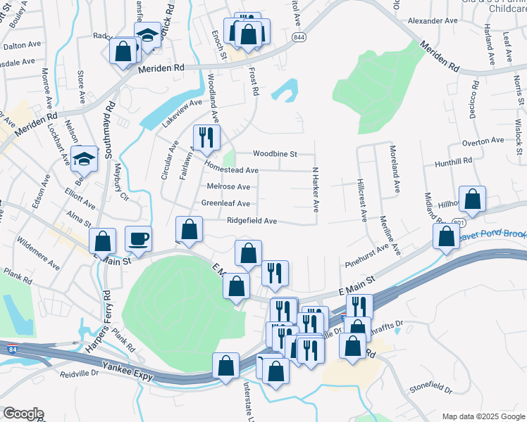 map of restaurants, bars, coffee shops, grocery stores, and more near 207 Ridgefield Avenue in Waterbury