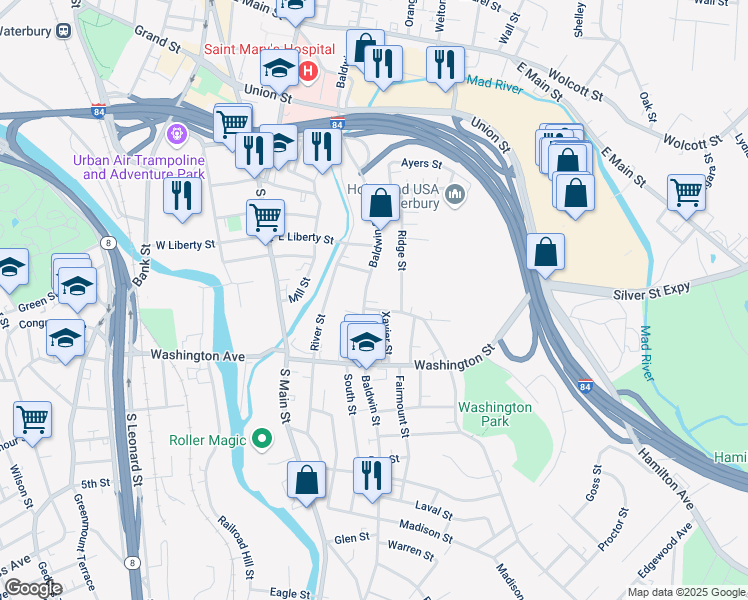 map of restaurants, bars, coffee shops, grocery stores, and more near 15 Sylvan Avenue in Waterbury