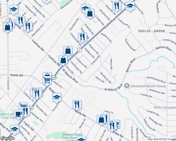 map of restaurants, bars, coffee shops, grocery stores, and more near 16612 Endora Road in Cleveland