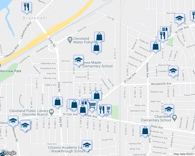 map of restaurants, bars, coffee shops, grocery stores, and more near 12715 Locke Avenue in Cleveland