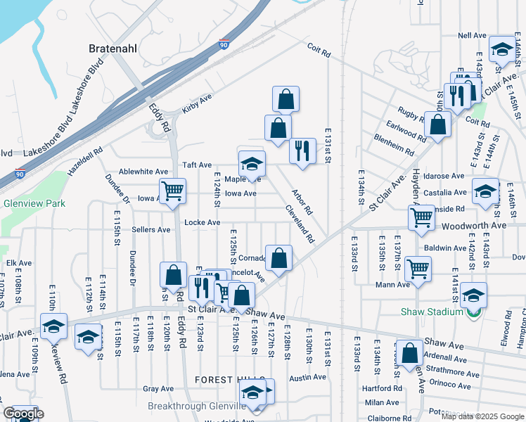 map of restaurants, bars, coffee shops, grocery stores, and more near 12715 Locke Avenue in Cleveland