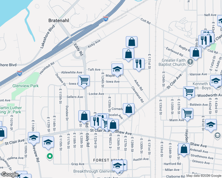 map of restaurants, bars, coffee shops, grocery stores, and more near 12523 Locke Avenue in Cleveland