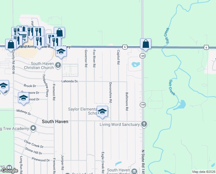 map of restaurants, bars, coffee shops, grocery stores, and more near 743-773 Devonshire Road in Valparaiso