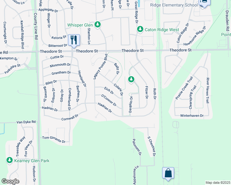 map of restaurants, bars, coffee shops, grocery stores, and more near 6616 Eich Drive in Joliet