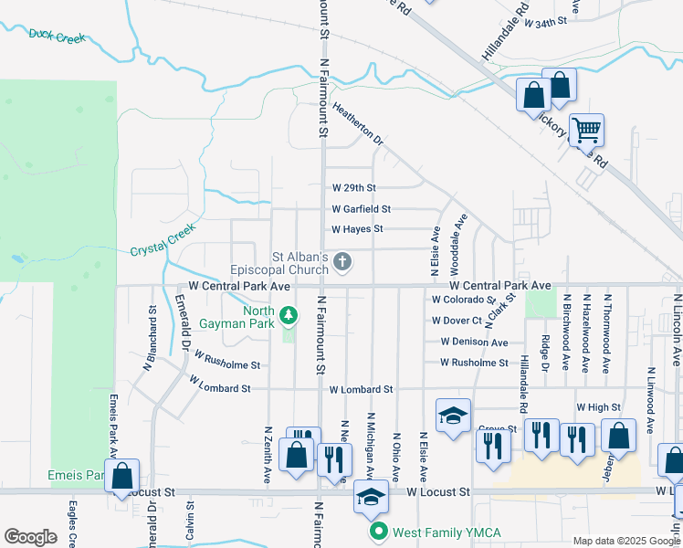 map of restaurants, bars, coffee shops, grocery stores, and more near 3510 West Central Park Avenue in Davenport