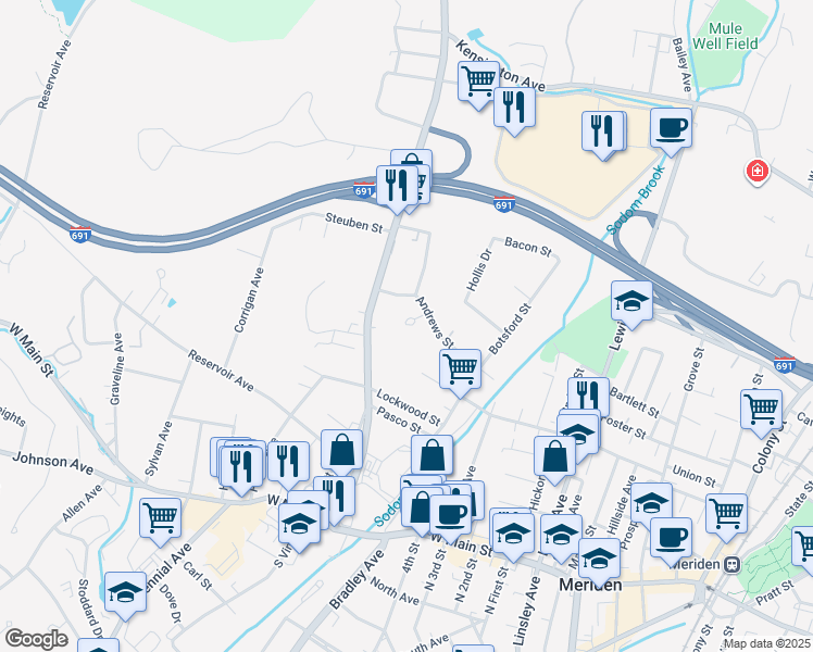 map of restaurants, bars, coffee shops, grocery stores, and more near 28 Lourdes Court in Meriden