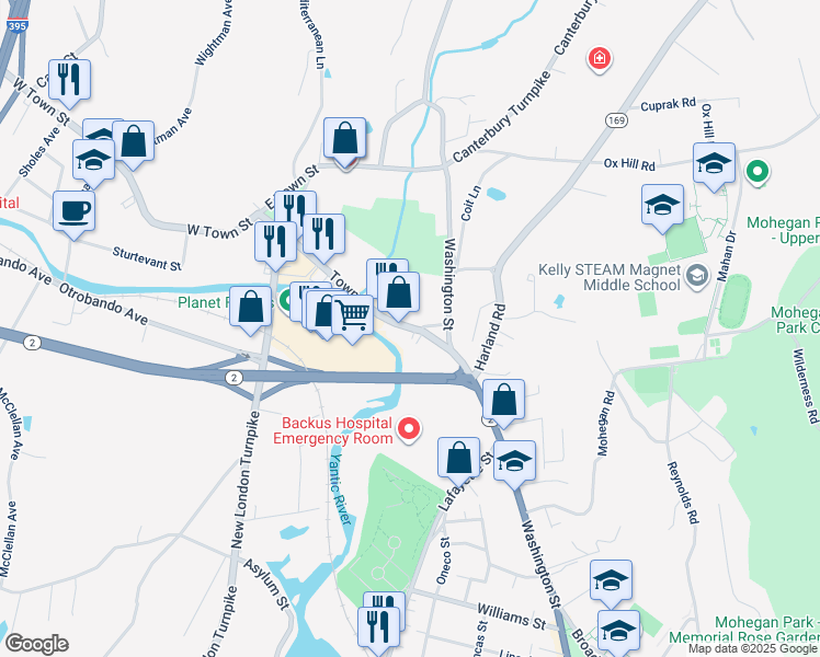 map of restaurants, bars, coffee shops, grocery stores, and more near 18 Town Street in Norwich