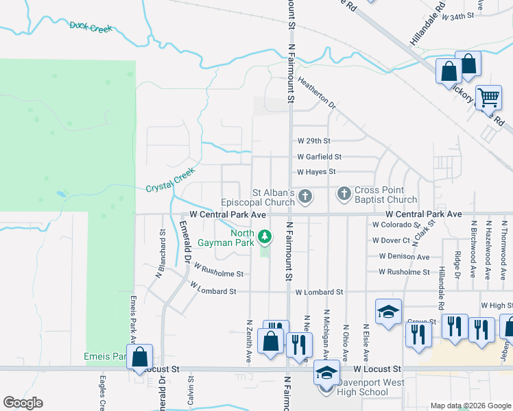 map of restaurants, bars, coffee shops, grocery stores, and more near 3812 W Central Park Ave in Davenport