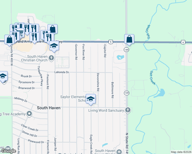 map of restaurants, bars, coffee shops, grocery stores, and more near 743-773 Devonshire Road in Valparaiso