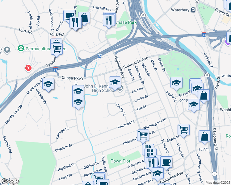 map of restaurants, bars, coffee shops, grocery stores, and more near 422 Highland Avenue in Waterbury