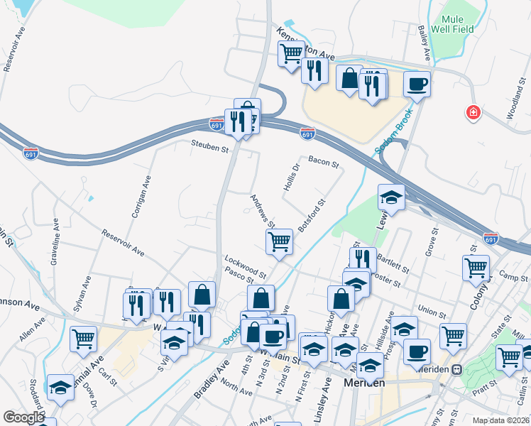 map of restaurants, bars, coffee shops, grocery stores, and more near 129 Andrews Street in Meriden