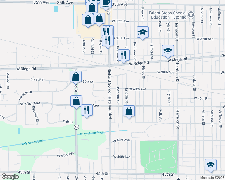 map of restaurants, bars, coffee shops, grocery stores, and more near 4017 Grant Street in Gary