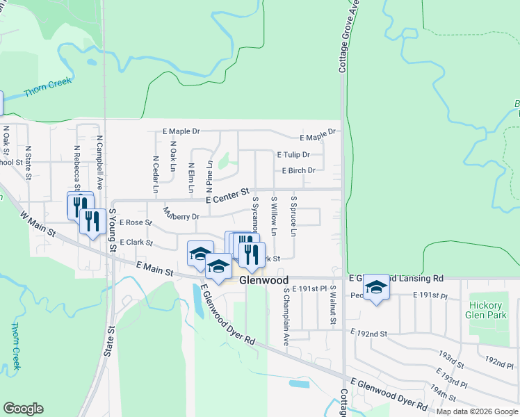 map of restaurants, bars, coffee shops, grocery stores, and more near 23 South Sycamore Lane in Glenwood
