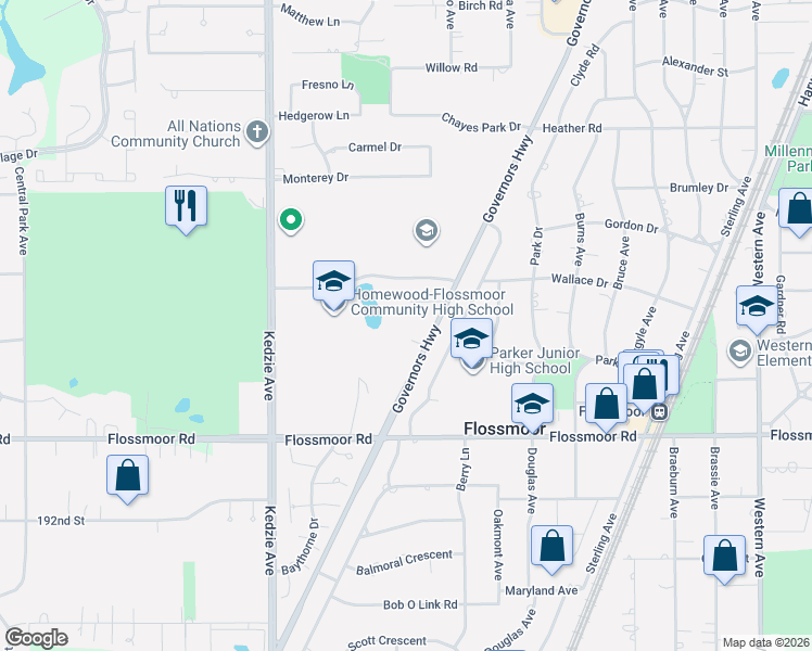 map of restaurants, bars, coffee shops, grocery stores, and more near 2933 Embassy Row in Flossmoor