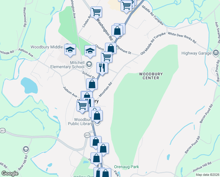 map of restaurants, bars, coffee shops, grocery stores, and more near 34 Mountain Road in Woodbury