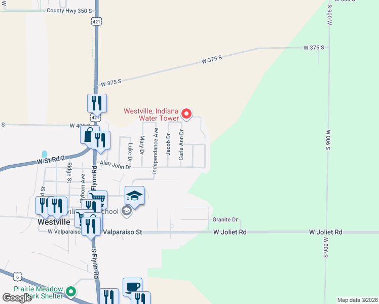 map of restaurants, bars, coffee shops, grocery stores, and more near 607 Charlie Drve in Westville