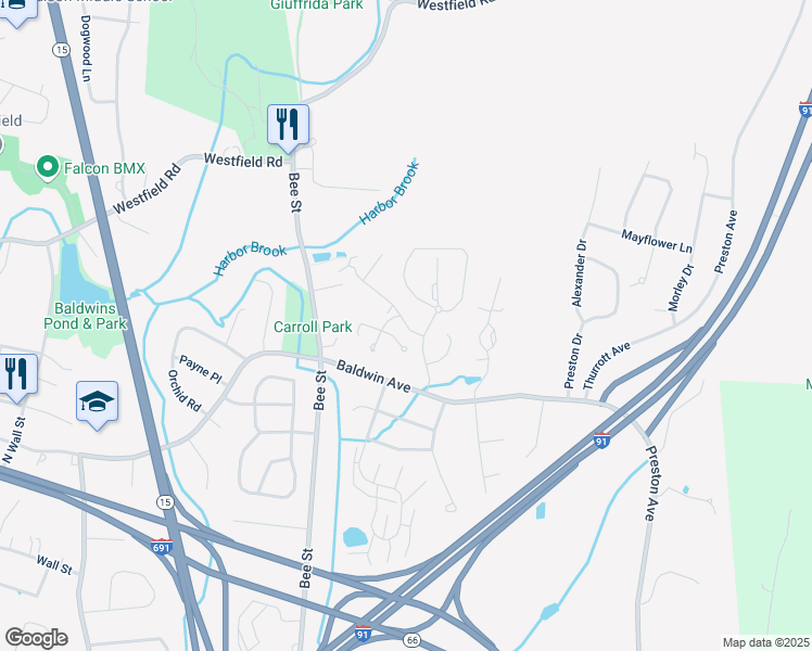 map of restaurants, bars, coffee shops, grocery stores, and more near 20 Montowese Drive in Meriden