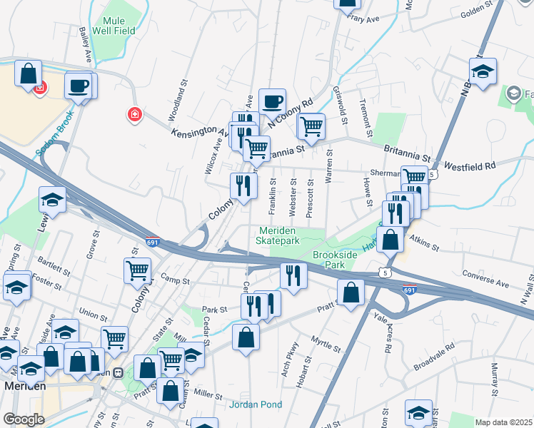 map of restaurants, bars, coffee shops, grocery stores, and more near 34 Park Avenue in Meriden