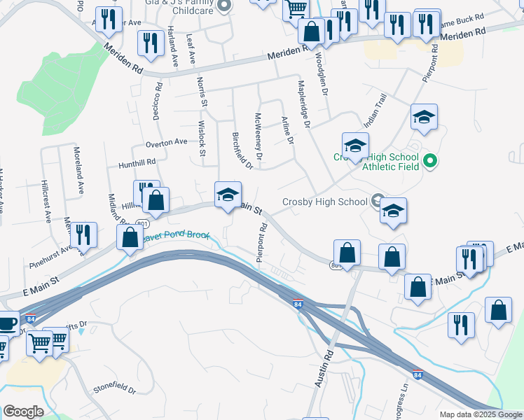 map of restaurants, bars, coffee shops, grocery stores, and more near 3280 East Main Street in Waterbury