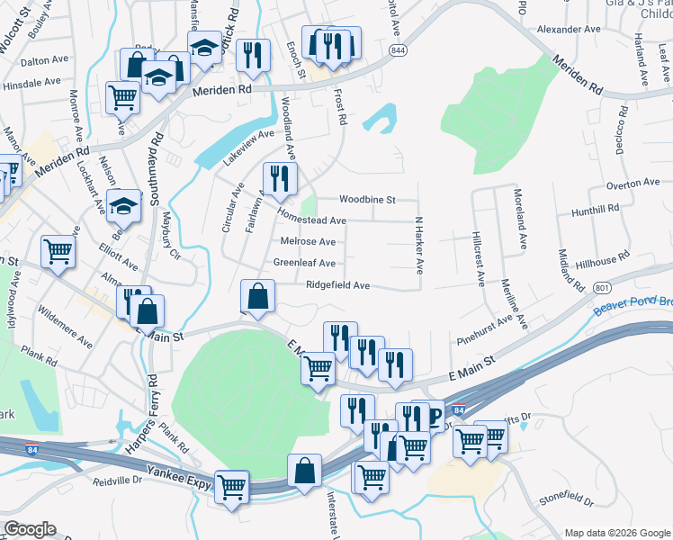 map of restaurants, bars, coffee shops, grocery stores, and more near 119 Ridgefield Avenue in Waterbury