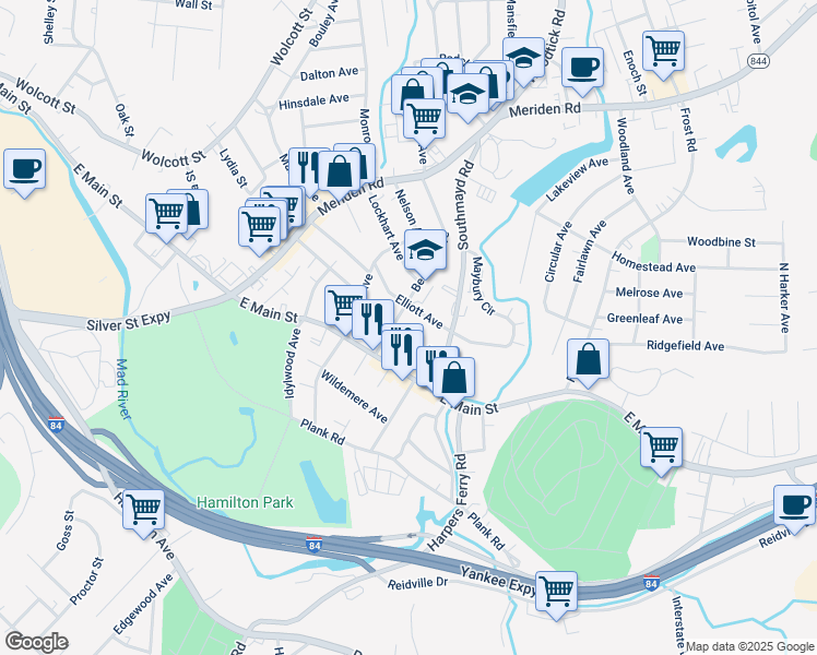 map of restaurants, bars, coffee shops, grocery stores, and more near 60 Alma Street in Waterbury