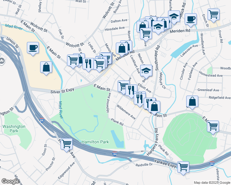 map of restaurants, bars, coffee shops, grocery stores, and more near 1712 East Main Street in Waterbury
