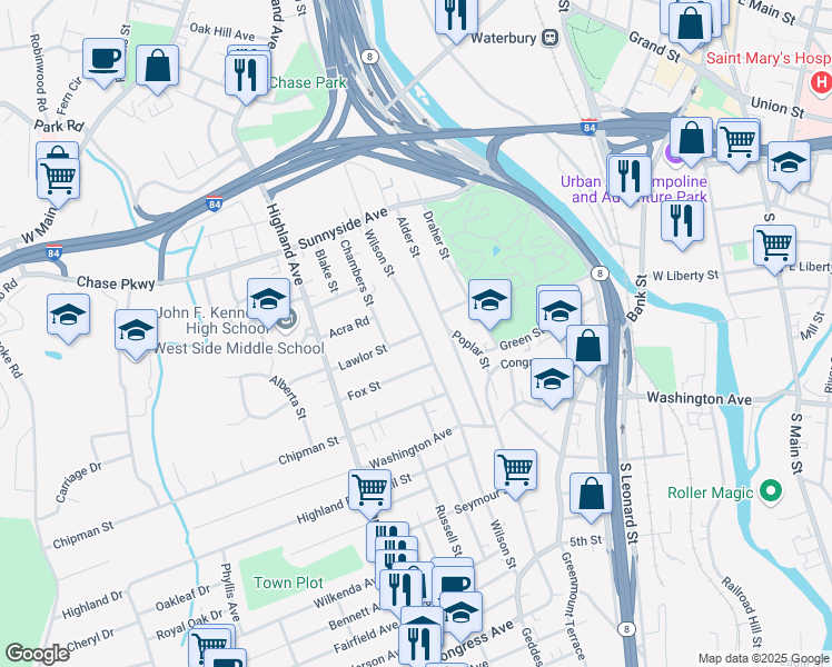 map of restaurants, bars, coffee shops, grocery stores, and more near 429 Wilson Street in Waterbury