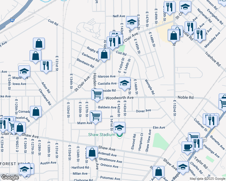 map of restaurants, bars, coffee shops, grocery stores, and more near 14113 Woodworth Avenue in Cleveland