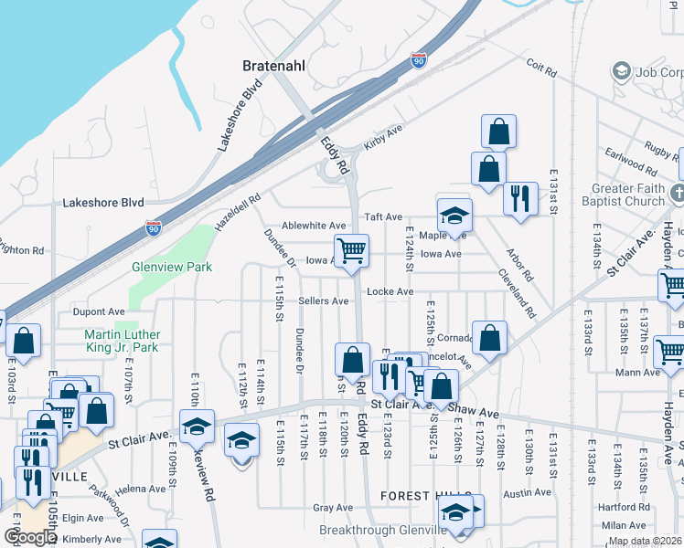 map of restaurants, bars, coffee shops, grocery stores, and more near 430 Eddy Road in Cleveland