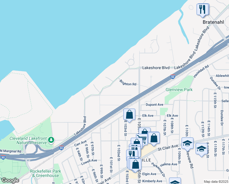 map of restaurants, bars, coffee shops, grocery stores, and more near 10018 Burton Avenue in Bratenahl