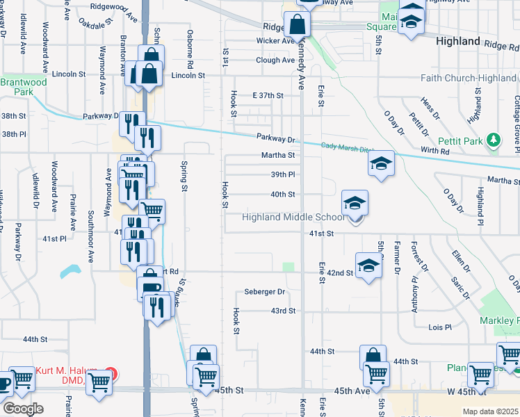 map of restaurants, bars, coffee shops, grocery stores, and more near 2712 40th Pl in Highland