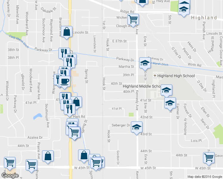 map of restaurants, bars, coffee shops, grocery stores, and more near 2716 40th Place in Highland