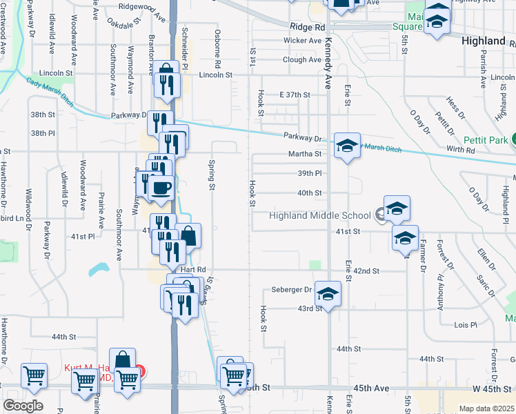 map of restaurants, bars, coffee shops, grocery stores, and more near 9220-9258 Hook Street in Highland