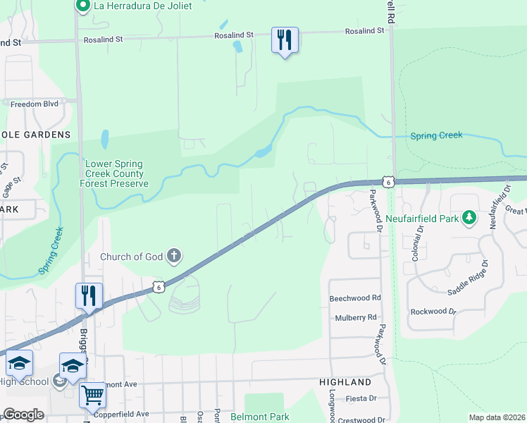 map of restaurants, bars, coffee shops, grocery stores, and more near 2115 U.S. 6 in Joliet