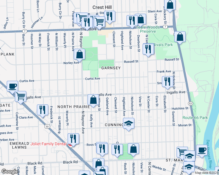map of restaurants, bars, coffee shops, grocery stores, and more near 1203 Oakland Avenue in Joliet
