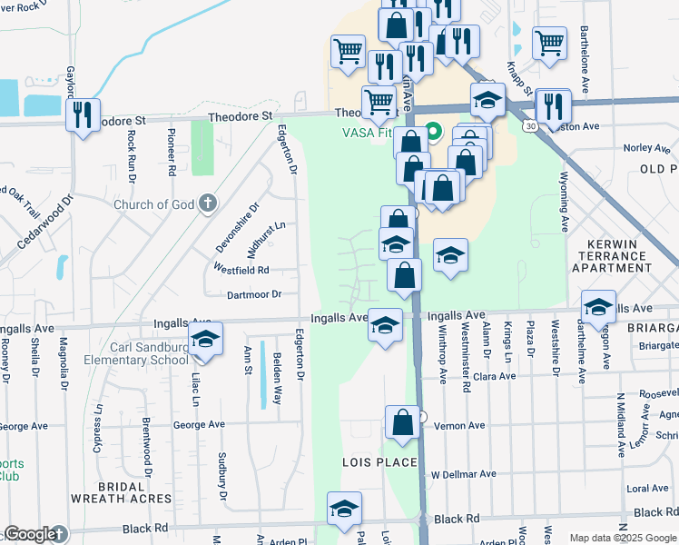 map of restaurants, bars, coffee shops, grocery stores, and more near 1921 Tawny Court in Joliet